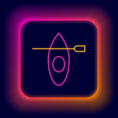 Parlayan neon hattı kano ve kürek simgesi siyah arkaplanda izole edildi. Balıkçılık ve turizm için kano. Açık hava aktiviteleri. Renkli taslak konsepti. Vektör