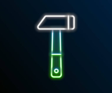 Parlayan neon hattı Çekiç simgesi siyah arkaplanda izole edildi. Tamir için bir araç. Renkli taslak konsepti. Vektör