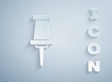 Kağıt kesiği Pin simgesi gri arkaplanda izole edildi. Raptiye işareti. Kağıt sanatı tarzı. Vektör.