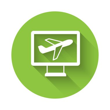 Beyaz düzlem simgesi uzun gölge arkaplanı ile izole edildi. Uçan uçak ikonu. Uçak tabelası. Yeşil daire düğmesi. Vektör