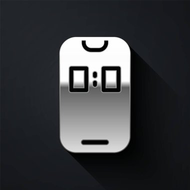 Gümüş Alarm saat uygulaması akıllı telefon arayüzü simgesi siyah arkaplanda izole edildi. Uzun gölge tarzı. Vektör