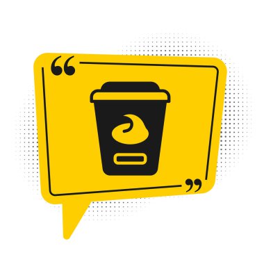 Beyaz arkaplanda siyah yoğurt kutusu simgesi izole edildi. Plastik bardakta yoğurt. Sarı konuşma balonu sembolü. Vektör