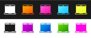 Laptop simgesini siyah beyaz arkaplanda izole et. Boş ekran işaretli bilgisayar defteri. Vektör