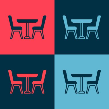 Renkli arka planda izole edilmiş sandalye ikonu olan Pop Art tahta masa. Vektör