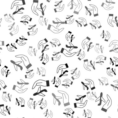 Siyah düzlem el ikonunda izole edilmiş, beyaz arka planda pürüzsüz desen. Uçan uçak. Uçak sigortası. Güvenlik, güvenlik, koruma, konsept koruma. Vektör