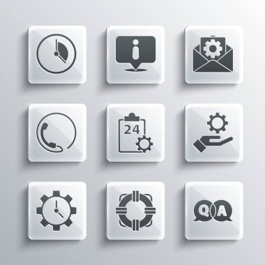Lifebuoy, Soru ve Yanıt Ayarları, 24 saatlik hizmet, Zaman Yönetimi, Telefon Desteği ve Zarf ayar simgesini ayarla. Vektör