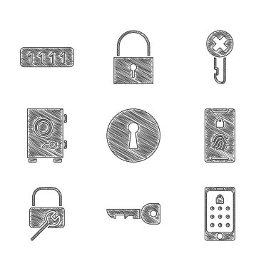 Anahtar deliği, mobil ve grafik parola, parmak izi taraması, kilit onarımı, kasa, yanlış anahtar ve parola koruma simgesi ile ayarlayın. Vektör