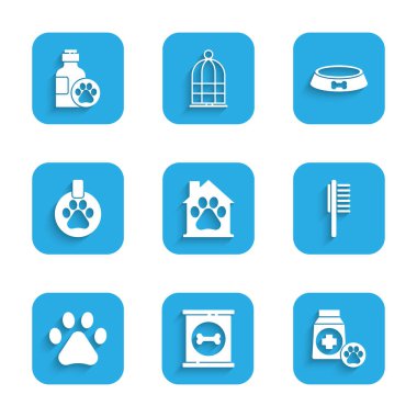 Evcil hayvan evi, konserve yiyecekler, evcil hayvan şişesi tıbbi malzemesi, pençe izi yaka kartı, kase ve şampuan ikonu. Vektör