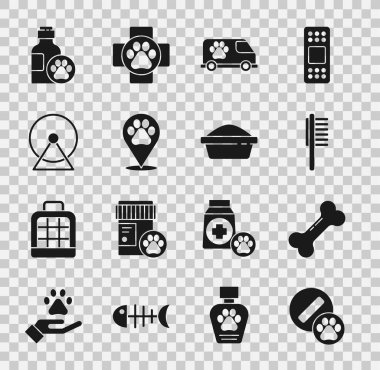 Köpek ilacı, kemik, evcil hayvan şişesi, veteriner ambulansı, konum veterineri, hamster tekerleği, şampuan ve yemek kasesi ikonu. Vektör