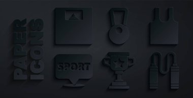 Ödül kupası, kolsuz tişört, spor salonu, atlama ipi, Kettlebell ve banyo terazisi ikonu. Vektör