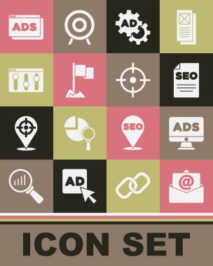 Posta ve e-posta, Reklam, SEO optimizasyonu, konum belirleyicisi, tarayıcı ayarı ve hedef spor simgesi ayarla. Vektör