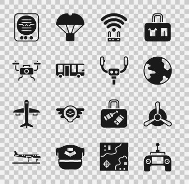 Drone uzaktan kumandası, uçak pervanesi, dünya çapında, router ve wi-fi sinyali, havalimanı otobüsü, uçuş, tutum göstergesi ve uçak dümen ikonu ayarlayın. Vektör