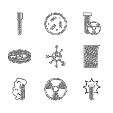 Molekül, Radyoaktif, Kimyasal Patlama, Laboratuvar cam veya deney tüpü, bakteri, test tüpü radyasyonu ve matara ikonu yerleştirin. Vektör