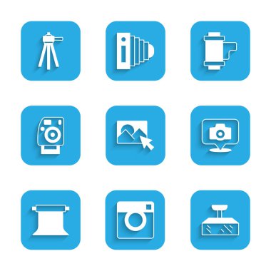 Foto rötuşlama, kamera, Softbox ışığı, boş fotoğraf stüdyosu, kamera rulo kartuşu ve Tripod simgesi ayarla. Vektör