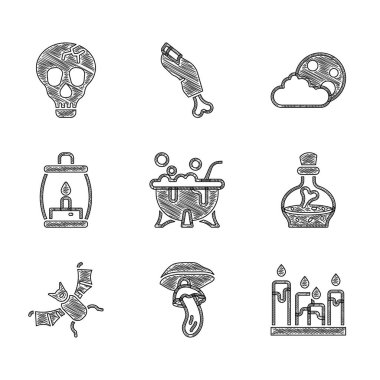 Cadılar Bayramı cadı kazanı, Psilocybin mantarı, yanan mum, iksirli şişe, uçan yarasa, kamp feneri, ay yıldızları ve Kafatası ikonu. Vektör