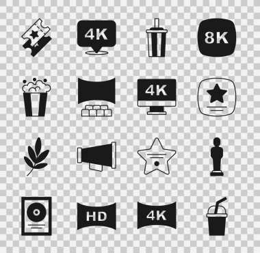 Su, sinema kupası, şöhret yürüyüşü, sinema salonu ekranı, patlamış mısır karton kutu, bilet ve ekran televizyon 4k simgesi. Vektör