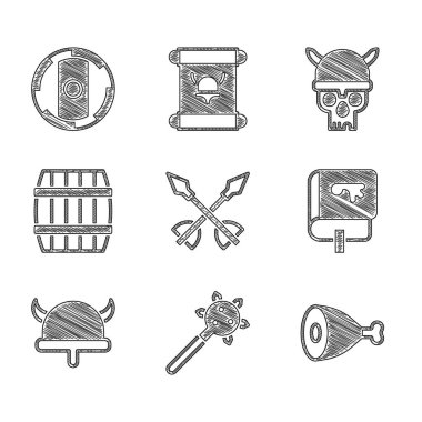 Ortaçağ okları, dikenli topuz, tavuk budu, Viking kitabı, boynuzlu miğfer, tahta fıçı, Kafatası Viking ve Kalkan ikonu. Vektör