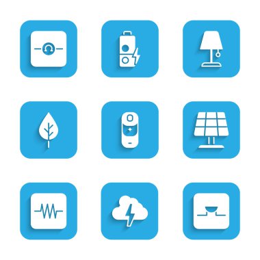 Batarya şarjı, Bulut ve Şimşek, Buzzer elektronik devresi, Güneş enerjisi paneli, Direniş, Yaprak Eko sembolü, Masa lambası ve Ohmmeter simgesi. Vektör