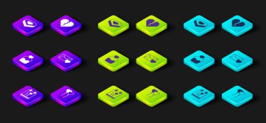 Takvimi 14 Şubat 'a ayarla, Balonlar kalp şeklinde, Düğün pastası, Zarflı Sevgililer Günü, Bozuk boşanma ve Candy şeklinde kutu ikonu. Vektör