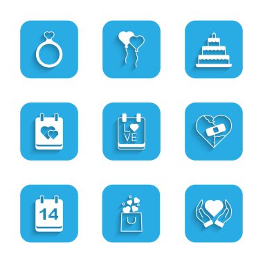 Takvimi 14 Şubat 'a ayarla, alışveriş torbası kalbi, kalp eli, kırık ya da boşanmış, düğün pastası ve yüzük ikonu. Vektör