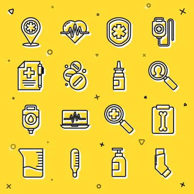 Solunum cihazı, röntgen, tıbbi analiz, haçlı kalkan, ilaç hapı veya tablet, reçete ve kalem, harita işaretleyici hastane ve şişe burun spreyi ikonu. Vektör