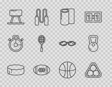 Çizgili hokey diski, üçgen şeklinde bilardo topu fitness hasırı rulosu, Amerikan futbolu, Pommel atı, tenis raketi, basketbol ve Kettlebell ikonu. Vektör