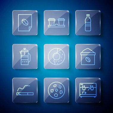 Sigara, kurabiye ya da bisküvi, kahve makinesi, şişe suyu, tatlı jöleli çörek, Fransız presi, poster ve kahve çekirdeği ikonu. Vektör