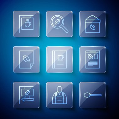 Sokak tabelalı kahve, barista, kaşık, kahve çekirdekleri, kahve kitabı, poster, gazete ve ikon. Vektör