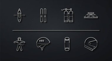 Kayak, kano, bungee jumping, Formula 1 yarış arabası, kaykay numarası, bisiklet kaskı, kayak ve sopalar, Miğfer ve Aqualung ikonu. Vektör