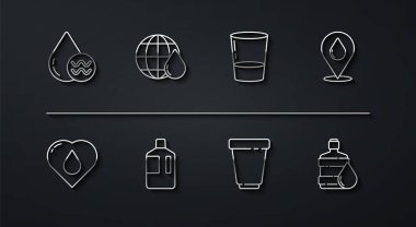 Geri dönüşüm hattı temiz su, su damlalı kalp, su konumu, filtre kartuşu, büyük şişe, Dünya gezegeni içeri ve cam ikon. Vektör