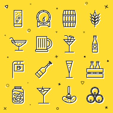 Ahşap variller, bira şişeleri, bira, bardak, kokteyl, su ve ikon içinde Effervescent tabletleri. Vektör