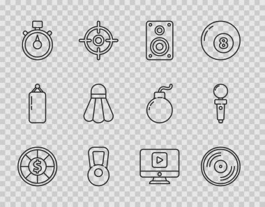Casino çipleri, Vinil disk, Stereo hoparlör, Kettlebell, Stopwatch, Badminton servis aleti, Online oyun videosu ve oyun çubuğu atari makinesi simgesi için ayarla. Vektör