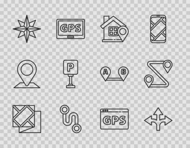 Katlanmış harita, trafik işareti, konum, güzergah konumu, rüzgar yükselmesi, park yeri, GPS cihazı ve simge. Vektör