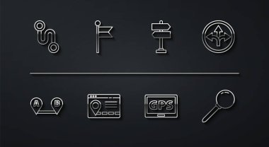 Hat güzergahını, trafik işaretini, haritalı GPS cihazını, şehir navigasyon bilgisini, konum işaretçisini, pin ve simgeyi ayarla. Vektör