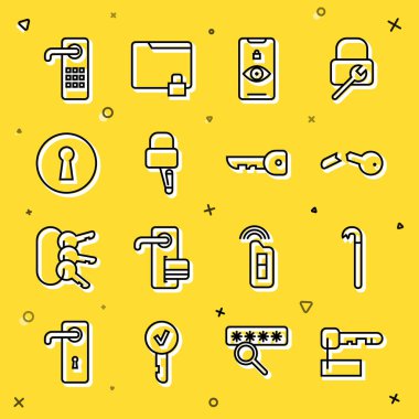Satır İşaretli anahtar, Crowbar, Kırık, Göz taraması, kilit açma için kilit açma, anahtar deliği, dijital kapı ve simge. Vektör