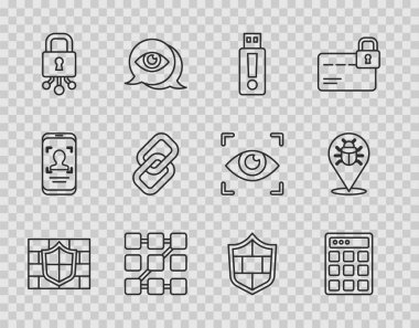 Kalkanı tuğla duvar, şifre koruması, USB flaş bellek, grafik şifre, siber güvenlik, zincir bağlantısı ve sistem hata simgesi ile ayarla. Vektör