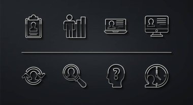 Özgeçmiş, İnsan Kaynakları, Monitör, Kafa Soru İşareti, Arama için Büyüteç, Üretken İnsan, Zaman Yönetimi ve Laptop simgesi içeren bir satır oluştur. Vektör