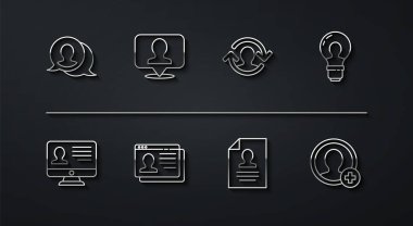 Konuşma baloncuğu sohbetini ayarla, özgeçmişi olan monitör, ampul, özgeçmiş, konum belirleyici, hesap ekranı ve insan kaynakları simgesi oluştur. Vektör