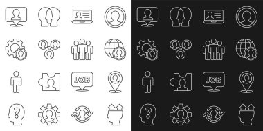 Satır Kullanıcı, Kişi, Globe ve insanlarla yer, Laptop özgeçmişi, Proje ekip üssü, Kafa Avcılığı ve Kullanıcı grubu simgesi. Vektör