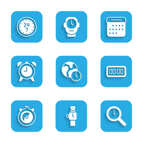 Установить всемирное время, первые часы, увеличительное стекло с часами, цифровой будильник, стоп-часы, календарь и значок "24 часа". Вектор
