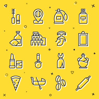 Sabit bir çizgi, zeytinyağı, resim, parfüm, kolezyum, Roma, limoncello şişesi, Mascara fırçası ve Roma askeri miğfer ikonu. Vektör