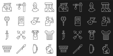 Bir şişe zeytinyağı, Antik sütun, Zeus, göğüs heykeli, Yunan tarihi kitabı, Neptün mızrağı, harabeler ve at arabası ikonu. Vektör