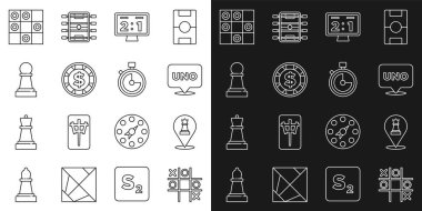 Satır Tic Tac toe oyunu, Satranç kartı, Uno kartı, Sport mekanik skorbordu, dolarlı kumarhane çipi, dama tahtası ve Stopwatch simgesi. Vektör