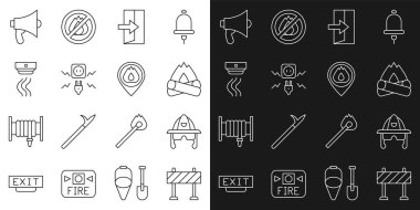 Hat bariyeri, itfaiyeci kaskı, kamp ateşi, çıkış, elektrik kıvılcımı, duman alarmı, megafon ve alev ikonlu konum. Vektör