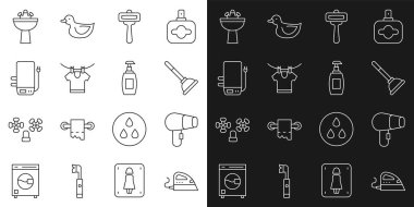 Elektrik hattı, saç kurutma makinesi, lastik pompa, tıraş bıçağı, kurutma makinesi, kazan, su musluğu ve bir şişe sıvı sabun ikonu olan lavabo. Vektör