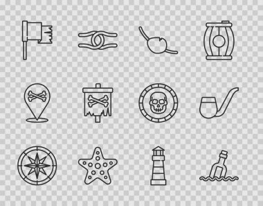 Pusulayı kur, su içinde mesaj olan şişe korsan göz bandı, denizyıldızı, bayrak, deniz feneri ve tüten pipo ikonu. Vektör