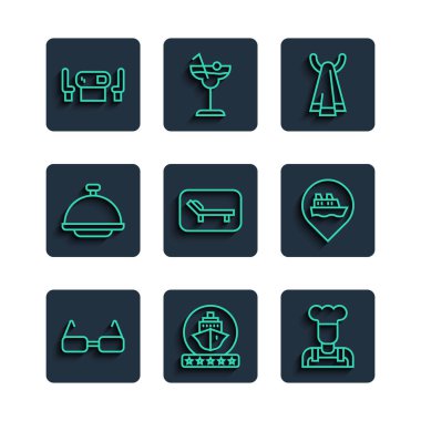 Sıraya dizilin, Gözlük, Yolcu gemisi, Aşçı, Havlu, Güneşlik ve Şemsiye, tepsiyle kaplı, Poker masası ve Konum gezisi ikonu. Vektör