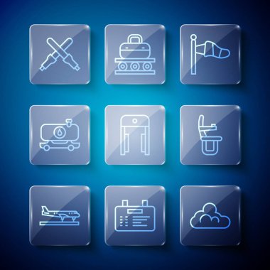 Uçak hattı, havaalanı tahtası, bulutlu hava durumu, koni meteorolojisi rüzgar yastığı, metal dedektör havaalanı, yakıt tankeri, marshalling asaları ve uçak koltuğu ikonu. Vektör