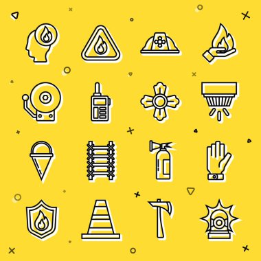 Flasher sireni, itfaiyeci eldivenleri, duman alarmı sistemi, miğfer, telsiz, zil ve ikon ayarlayın. Vektör