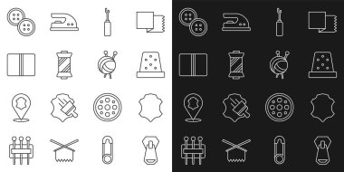 Dikiş için ip, deri, yüksük, dikiş aleti, dikiş makinesi, dikiş ipliği, kumaş rulo, düğme ve örgü iğneleri ikonlu iplik topu. Vektör